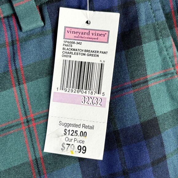 Vineyard Vines Breaker Pants Mens 32x32 Blackwatch Plaid Slim Fit Tartan Stretch - Picture 12 of 16